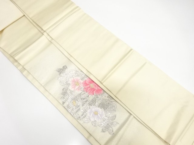  錦プラチナ箔　花模様織り出し　名古屋帯